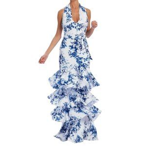 Forever Unique Floral Printed Ruffle Lula Maxi Dress Blue White Size 8 NWT